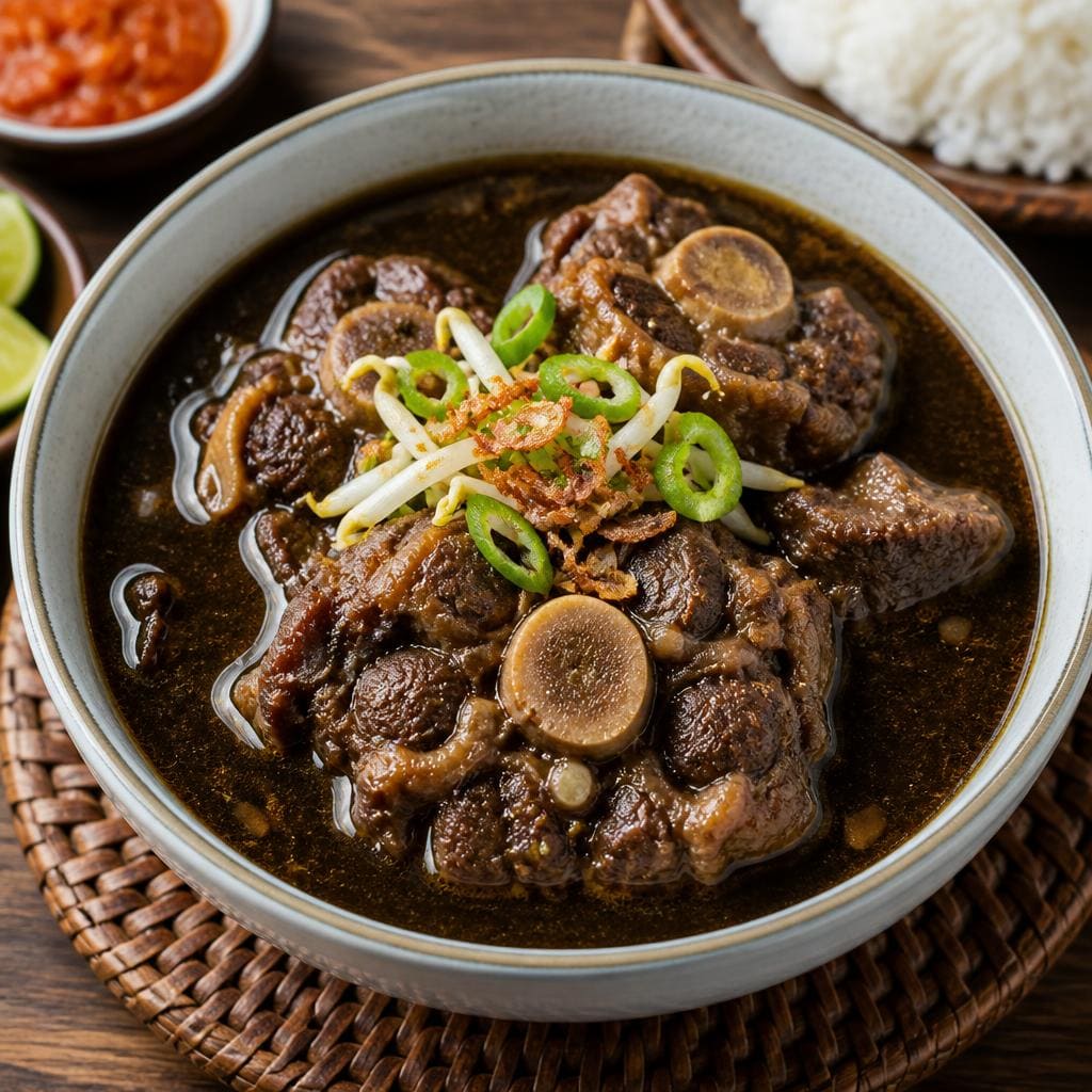 Rawon Buntut Te Sate dengan kuah hitam khas dan potongan buntut sapi empuk